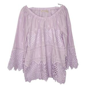 Soft Surroundings Embroidered Top M Purple 3/4 Sleeve Off The Shoulder